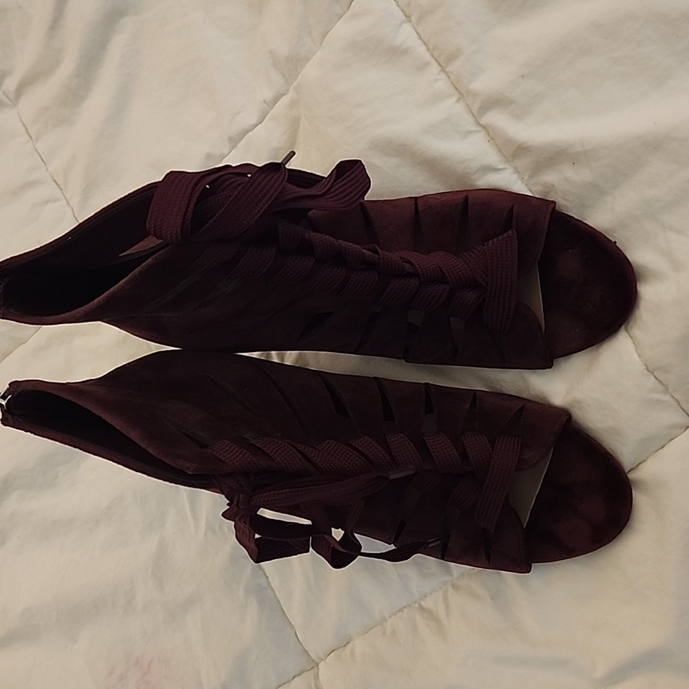 Burgandy velour open toe booties with block heel size 7